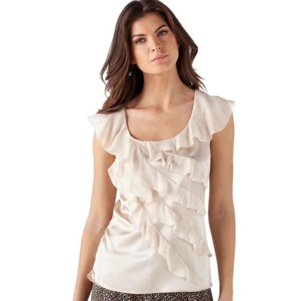 NEW WHBM Silk Stretch Cascading Ruffle Blouse Top, Champagne Shell, Size 12